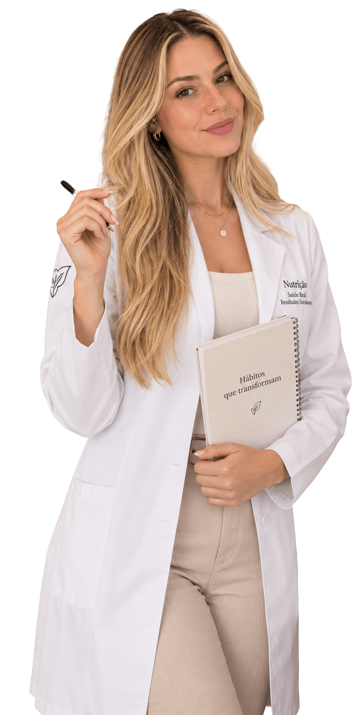 Laura Barbosa, nutricionista, de jaleco branco segurando um caderno